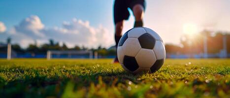 ai genererad fotboll boll på grön fält. europeisk fotboll baner begrepp med tömma Plats för text och befordran. foto