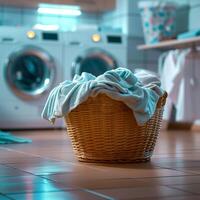 ai genererad kläder redo för tvättning sitta i tvätt korg förbi maskin för social media posta storlek foto