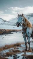 ai genererad häst står mot hisnande isländsk bakgrund, skapande fantastisk landskap vertikal mobil tapet foto