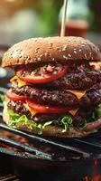 ai genererad utsökt veggie burger staplade hög med välsmakande växt baserad pålägg vertikal mobil tapet foto