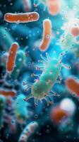 ai genererad probiotika biologisk vetenskap bakgrund visa upp mikroskopisk bakterie i detalj vertikal mobil tapet foto