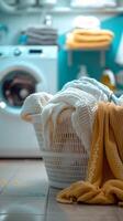 ai genererad kläder redo för tvättning sitta i tvätt korg förbi maskin vertikal mobil tapet foto