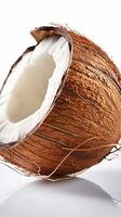 ai genererad tropisk locka kokos isolerat på vit bakgrund, redo för redigering vertikal mobil tapet foto