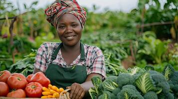 ai genererad kvinna, grönsaker låda och lantbruk, hållbarhet eller jordbruk för tillförsel kedja eller agro företag. afrikansk jordbrukare i porträtt med skörda och trädgårdsarbete för ngo foto