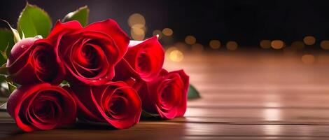 ai genererad skön röd reste sig blomma bukett är presenteras på hjärtans dag foto
