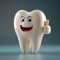 ai genererad vänlig tand karaktär visar godkännande med tummen upp, 3d för social media posta storlek foto