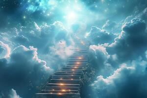 ai genererad gudomlig väg trappa i himmel representera uppstigning mot himmelsk riken foto