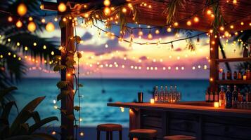 ai genererad suddig strand bar bakgrund på solnedgång. bar topp och stolar, handflatan träd, värma sträng lampor, med hav vågor och en färgrik himmel. foto