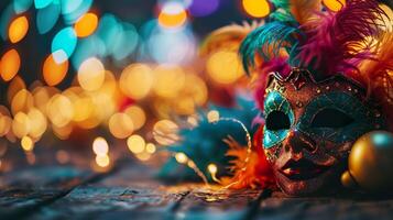 ai genererad karneval maskerad parad mask på suddig mörk blå bakgrund med bokeh lampor och girlanger. kopia Plats. för venetian kostym festival firande, inbjudan, befordran. foto