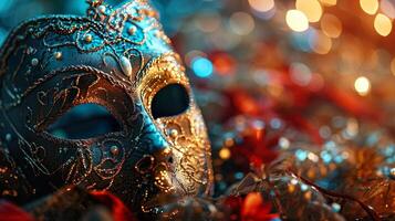 ai genererad färgrik karneval maskerad parad mask på suddig mörk blå bakgrund med bokeh lampor. kopia Plats. för venetian kostym festival firande, inbjudan, befordran. foto