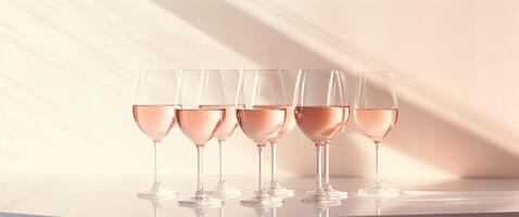 ai genererad grupp av glasögon med vit vin på en persika rosa tabell. minimalistisk trendig bakgrund med kopia Plats. solljus och skuggor. foto