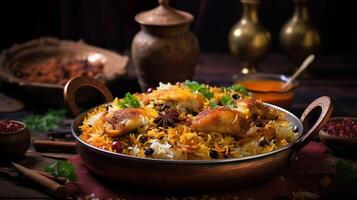 ai genererad kryddad kyckling biryani kök i en skinande silver- skål, äkta indisk mat, tjänande fint mat i en restaurang. foto