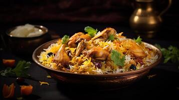 ai genererad kyckling biryani i en skinande silver- skål, kryddad curry och aromatisk smaker, äkta indisk mat, tjänande fint mat i en restaurang. foto