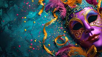 ai genererad karneval maskerad parad mask på en suddig mörk blå bakgrund med färgad band och konfetti. kopia Plats. för venetian kostym festival firande, inbjudan, befordran. foto