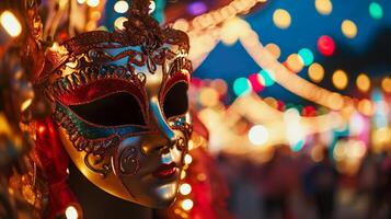 ai genererad karneval maskerad parad mask på suddig mörk blå bakgrund med bokeh lampor och girlanger. kopia Plats. för venetian kostym festival firande, inbjudan, befordran. foto