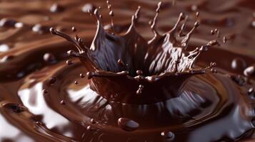 ai genererad realistisk choklad krona stänk, stänk och virvla choklad flytande, kakao kaffe stänk med droppar foto