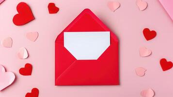 ai genererad röd papper kuvert med tom vit notera attrapp inuti och valentines hjärtan på rosa bakgrund. platt lägga, topp se. romantisk kärlek brev för hjärtans dag begrepp foto