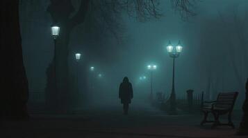 ai genererad ledsen man ensam gående längs de gränd i natt dimmig parkera tillbaka se foto