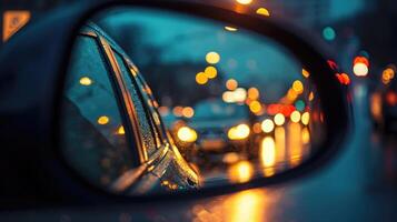 ai genererad i de bakåtsikt spegel i de kväll, bilar med strålkastare är köa i en trafik sylt foto