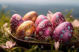 ai genererad springtime tradition grupp av dekorerad påsk ägg för fester foto