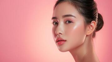 ai genererad ung asiatisk skönhet kvinna drog tillbaka hår med koreanska smink stil på ansikte och perfekt hud på isolerat rosa bakgrund. ansiktsbehandling behandling, kosmetologi, plast kirurgi. foto