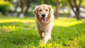 ai genererad leende ansikte söt härlig förtjusande gyllene retriever hund gående i färsk grön gräs gräsmatta i de parkera foto