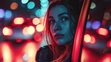 ai genererad närbild av en ung kvinna ser genom en bil fönster i en natt trafik sylt. rusa timme foto