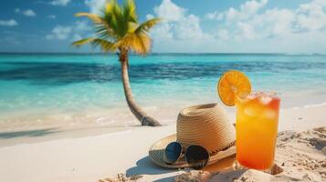 ai genererad sugrör hatt med en exotisk cocktail och solglasögon på sand strand. sommar högtider begrepp foto