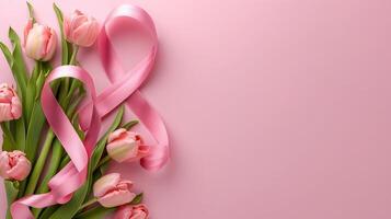 ai genererad figur 8 tillverkad av band och tulpan blommor för internationell kvinnors dag firande på rosa bakgrund med Plats för text foto