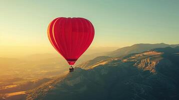 ai genererad röd varm luft ballong i de form av en hjärta flygande över de berg foto