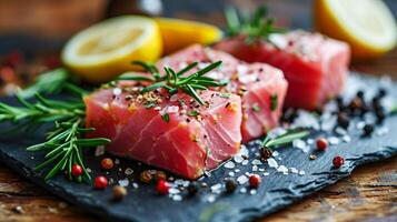 ai genererad rå tonfisk biffar lögn på en svart skiffer styrelse med kryddor. ai genererad foto