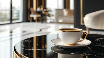 ai genererad en kopp av kaffe i ett elegant, lyxig och samtida miljö. ai genererad. foto