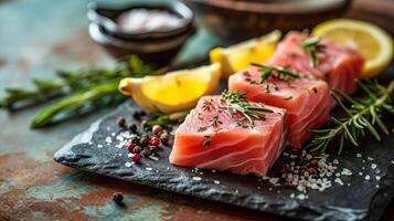 ai genererad rå tonfisk biffar lögn på en svart skiffer styrelse med kryddor. ai genererad foto