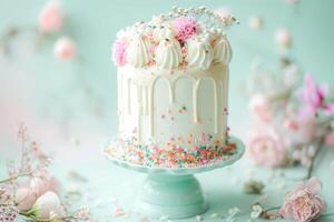 ai genererad skön kaka med kaka strössel i blå och rosa färger. ai genererad foto