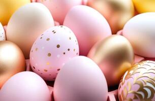 ai genererad påsk ägg i ljus rosa och guld toner på en blå bakgrund.. ai genererad. foto