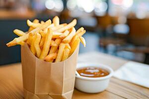 ai genererad franska frites i en snabb mat restaurang. snabb mat. ai genererad. foto