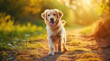 ai genererad liten söt valp gammal hund gyllene retriever promenader i de parkera på en promenad i de sommar på solnedgång foto