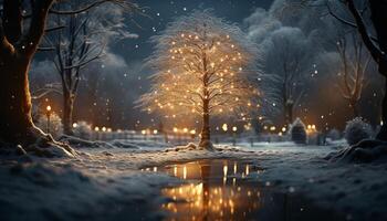 ai genererad vinter- natt, träd upplyst, snö täckt landskap genererad förbi ai foto