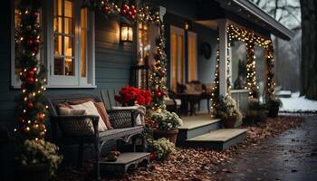 ai genererad vinter- natt firande med upplyst jul träd utomhus genererad förbi ai foto
