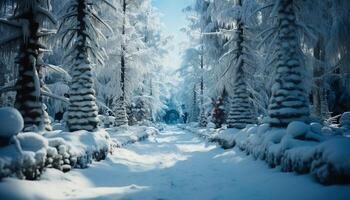 ai genererad vinter- landskap, snö täckt skog, frysta träd grenar genererad förbi ai foto