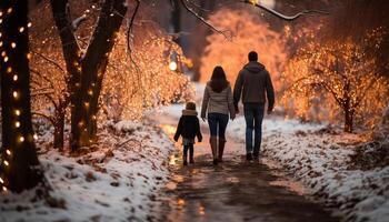 ai genererad familj gående i de snö, njuter vinter- tillsammans genererad förbi ai foto