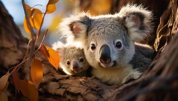 ai genererad söt koala ser på kamera i eukalyptus träd genererad förbi ai foto