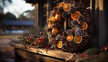 ai genererad vinter- firande rustik trä tabell, hemlagad kaka dekoration genererad förbi ai foto