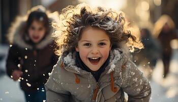 ai genererad leende barn spelar i vinter- snö, lycka utomhus genererad förbi ai foto