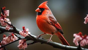 ai genererad vibrerande kardinal uppflugen på gren, omgiven förbi blommar genererad förbi ai foto