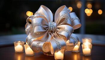 ai genererad lysande ljus tänds jul prydnad i dekorerad låda genererad förbi ai foto