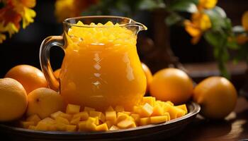 ai genererad friskhet av orange juice på trä- tabell genererad förbi ai foto