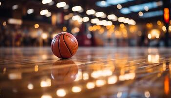 ai genererad basketboll boll på inomhus- golv, stänga upp reflexion genererad förbi ai foto