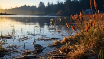 ai genererad Anka simmar i lugn damm, omgiven förbi natur genererad förbi ai foto