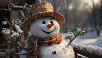 ai genererad snögubbe leende i vinter- skog, föra glad firande genererad förbi ai foto